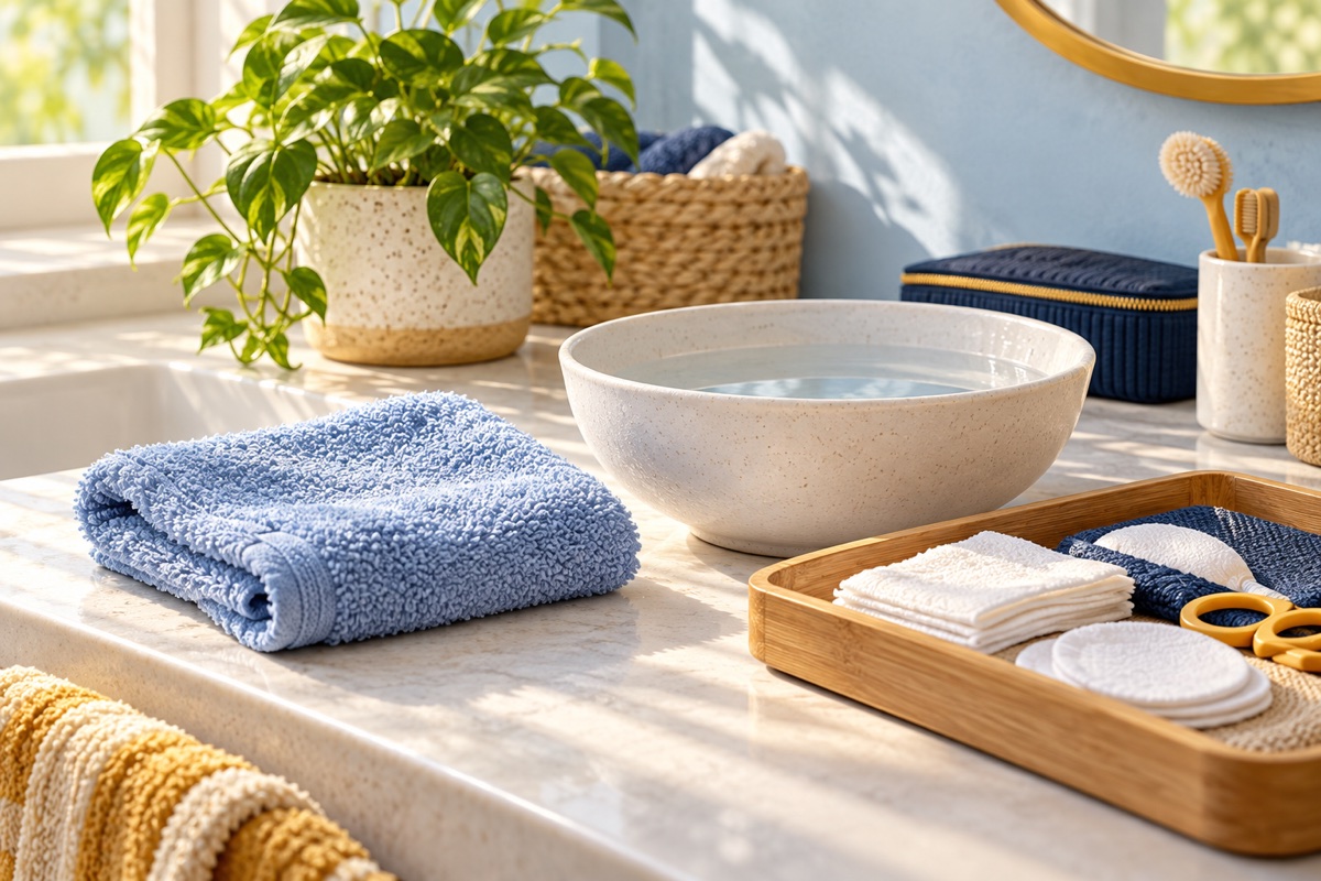 Illustration of gentle skin-care supplies arranged on a clean surface