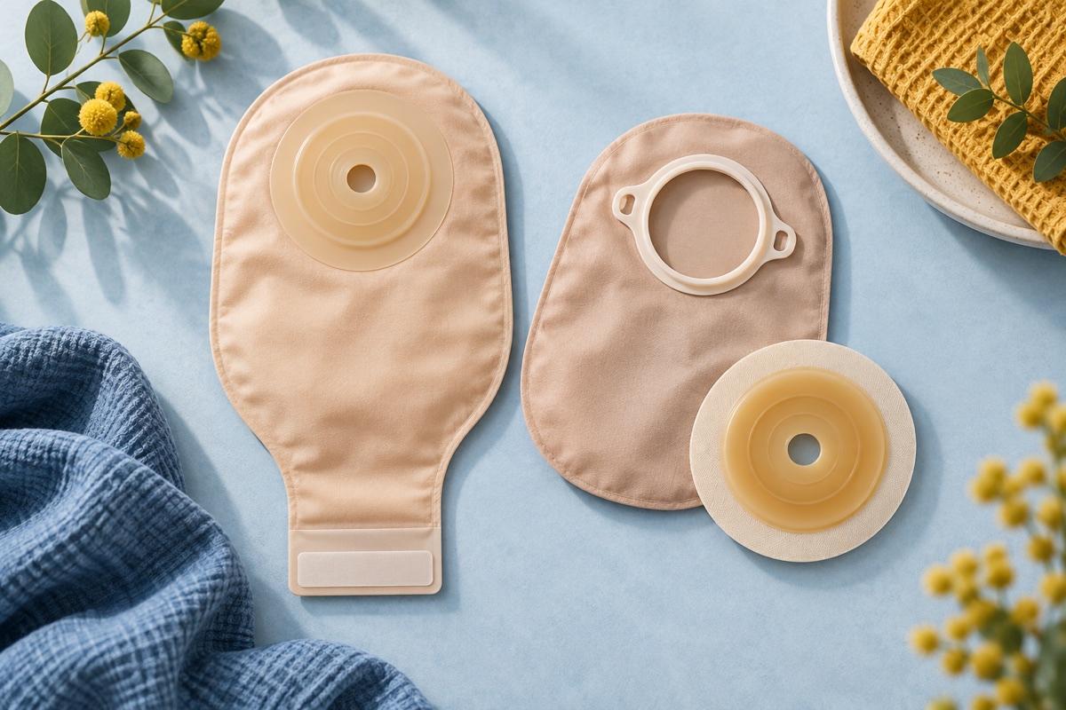 Illustration of generic one-piece and two-piece ostomy pouching supplies