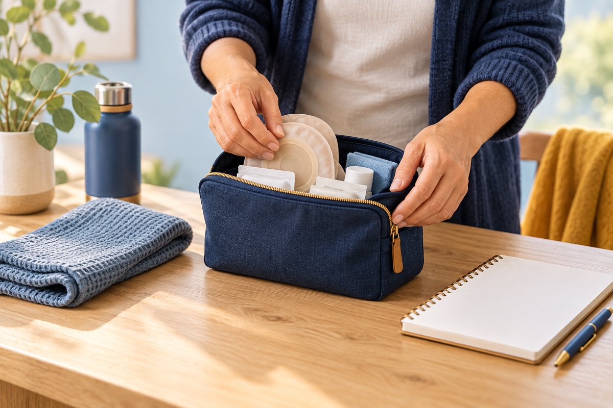 Illustration of supplies organised for an ostomy pouch change