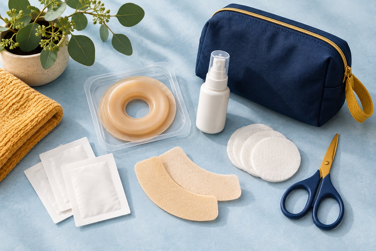 Illustration of generic ostomy accessories arranged together