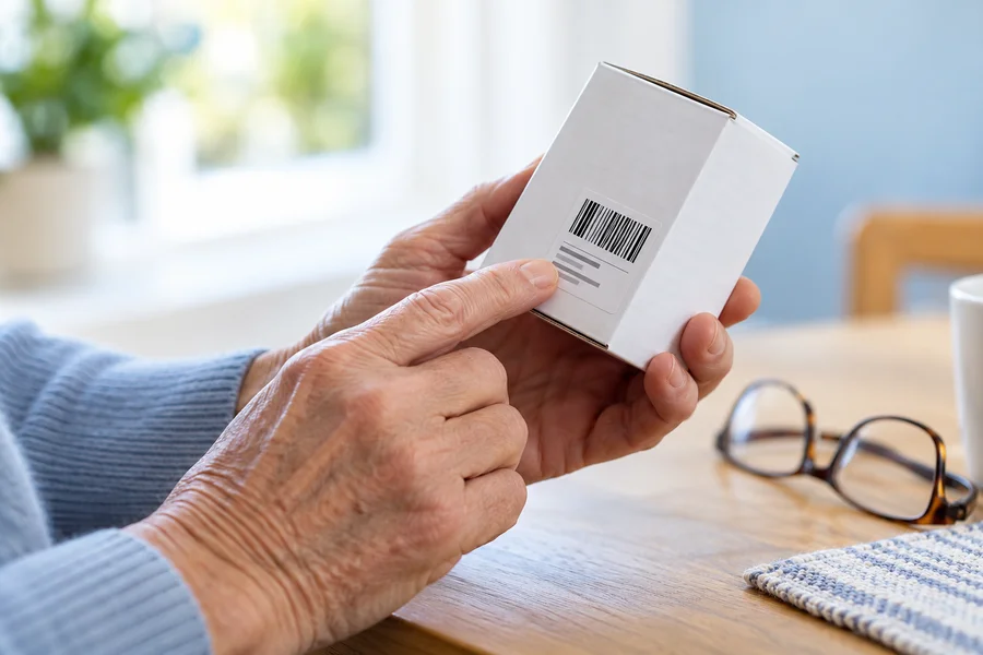 Checking an item-number label on a supply carton